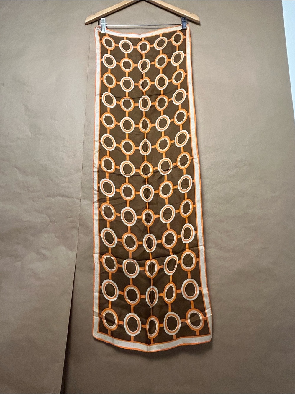 Retro 60s 70s Mod Scarf Brown Orange Geometric Circle Print Long Scarf